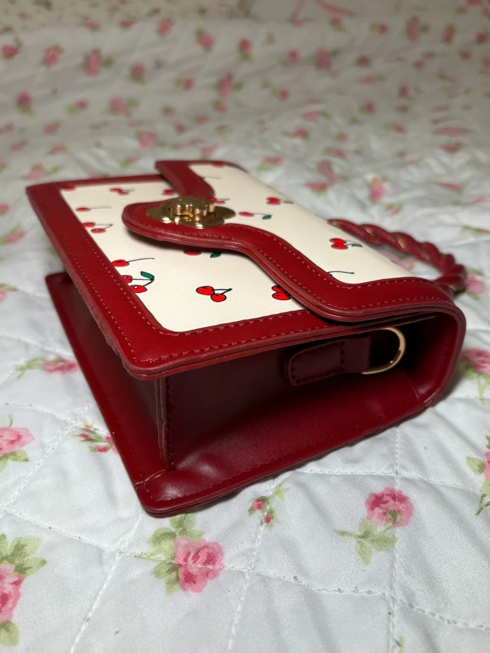 Cherry-Print Cream and Red Top-Handle Clutch